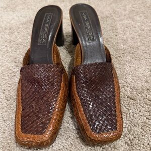 Via Spiga Brown Snake Embossed Leather Mule Heels with a 3" block heel size 9